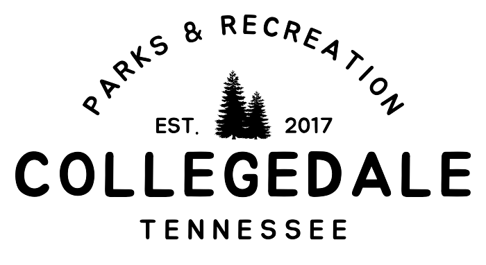 Collegedale Parks & Recreation logo with pine trees, est. 2017, Tennessee text