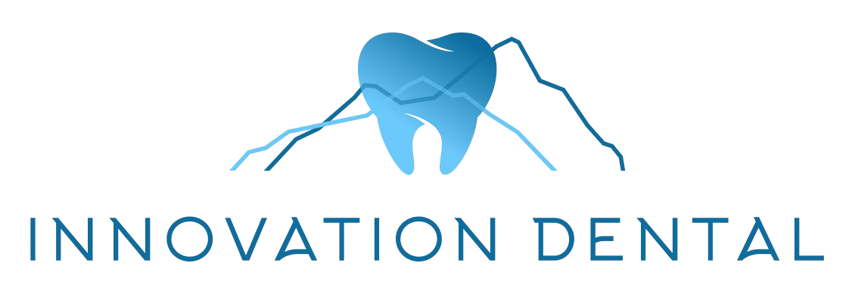 The logo for innovation dental shows a tooth with mountains in the background.