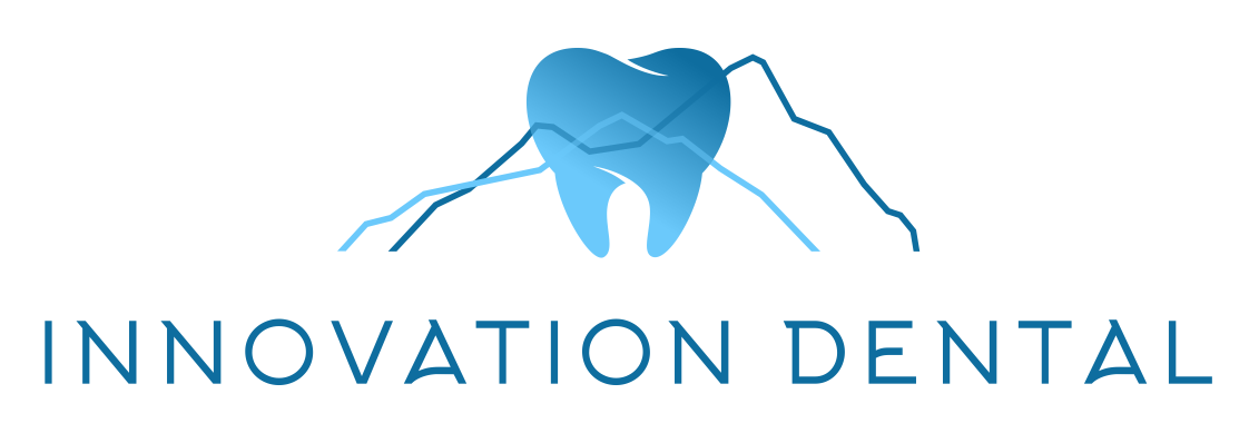 The logo for innovation dental shows a tooth with mountains in the background.