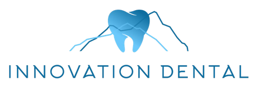The logo for innovation dental shows a tooth with mountains in the background.
