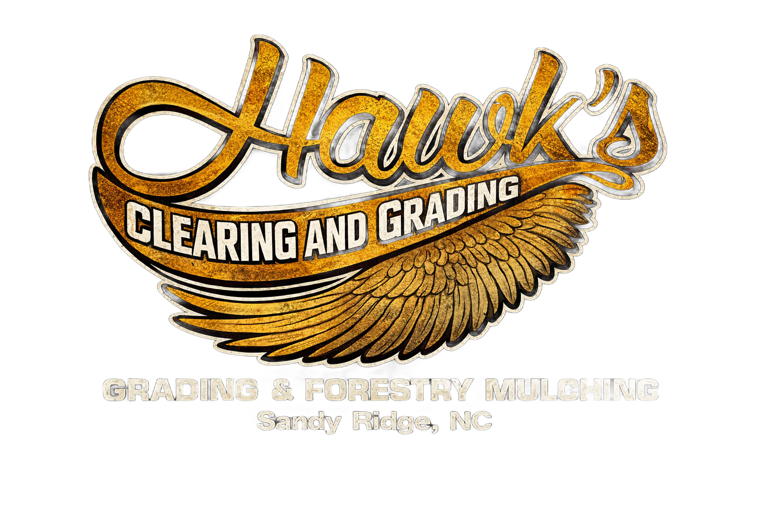 Logo for Hawk's Clearing and Grading with a gold wing icon and text indicating services in Sandy Ridge, NC.