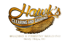 Logo for Hawk's Clearing and Grading with a gold wing icon and text indicating services in Sandy Ridge, NC.
