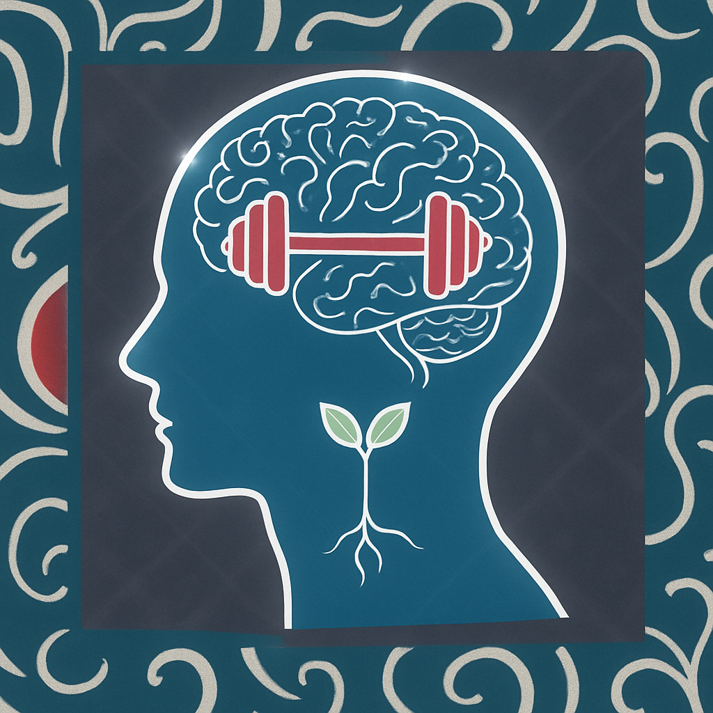 Outline of a head with a brain holding a dumbbell, a plant growing below. Blue background.