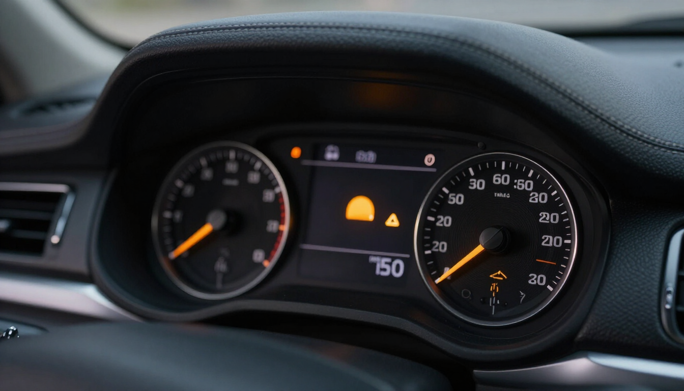 Amber check engine light illuminated on a modern car dashboard display.