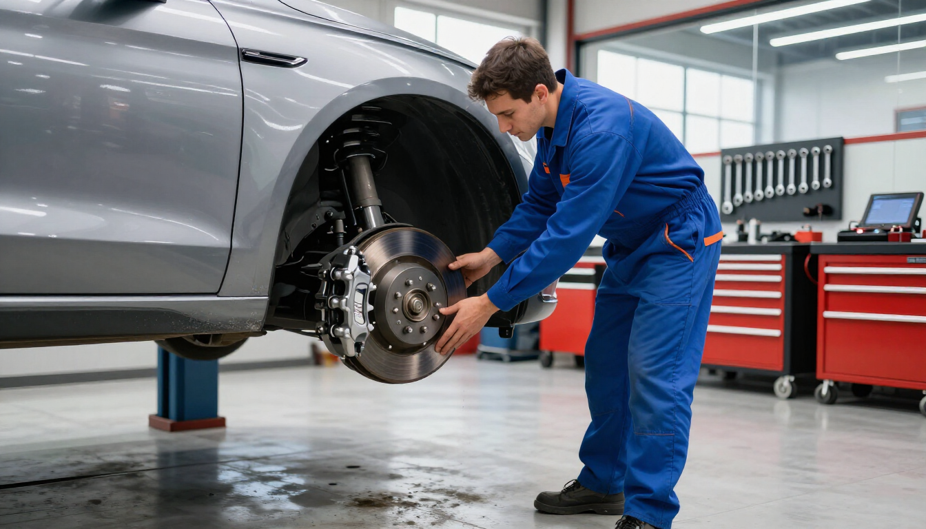 Mechanic inspecting car brakes for repair cost estimate