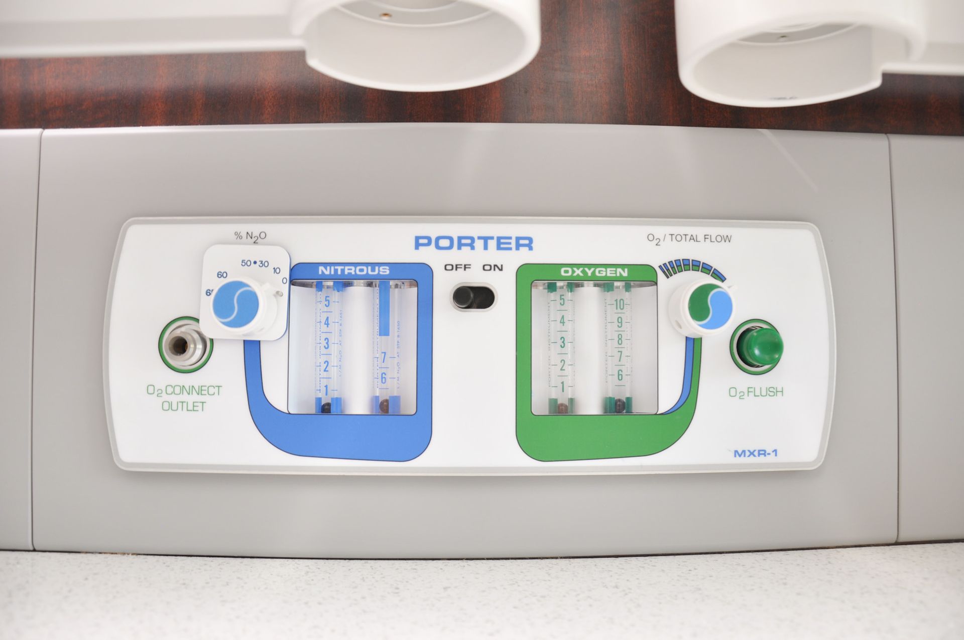 Medical panel for gas flow: nitrous oxide (blue), oxygen (green), and controls.