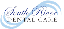 The logo for south river dental care is blue and white