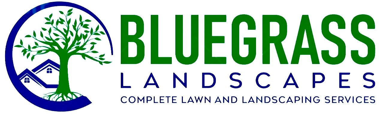 Bluegrass Landscapes logo: a green tree over house outlines inside a blue circle, with company text to the right.