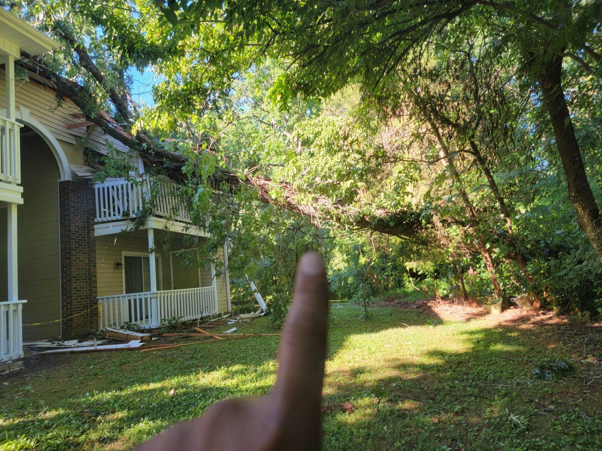 A large tree has fallen onto the balcony and roof of a multi-story apartment building, viewed over a pointing finger.