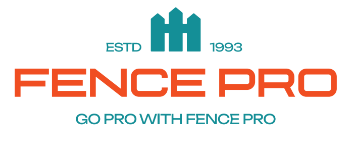 Logo for Fence Pro, featuring a teal fence icon above the orange text