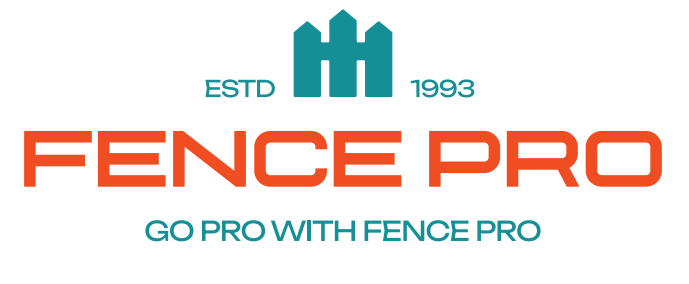 Logo for Fence Pro, featuring a teal fence icon, the text