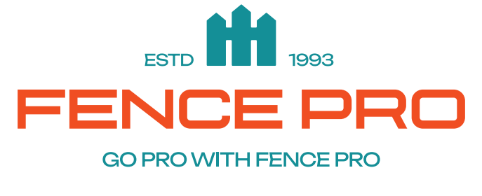 Logo for Fence Pro, featuring a teal fence icon above the orange text