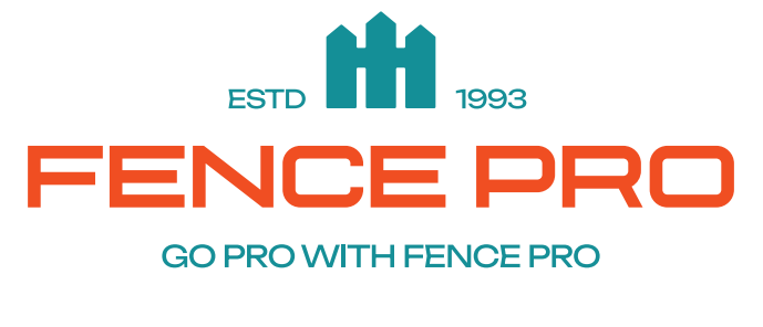 Logo for Fence Pro, featuring a teal fence icon, orange text, and the slogan