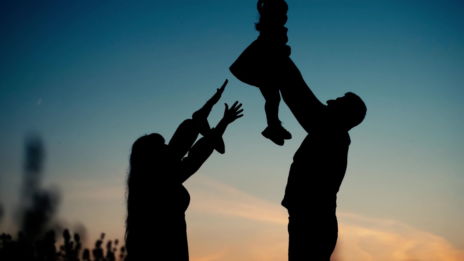 A man and a woman are holding a child in the air.