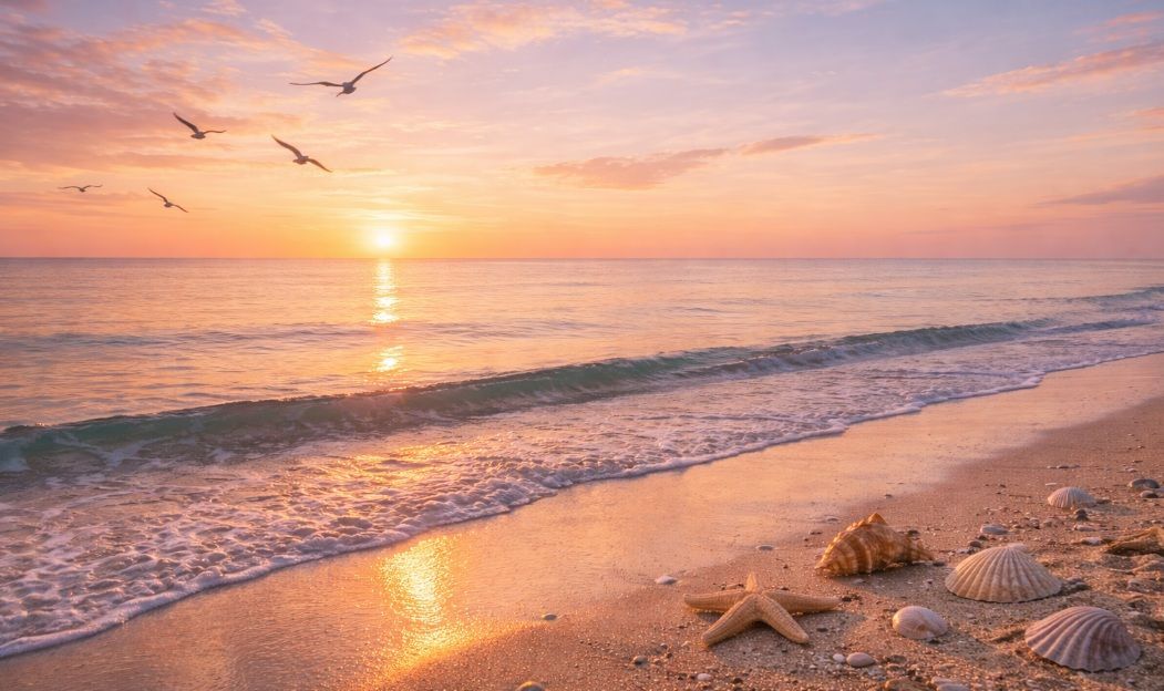 cremation services Saskatoon, SK peaceful beach sunset with seashells and birds