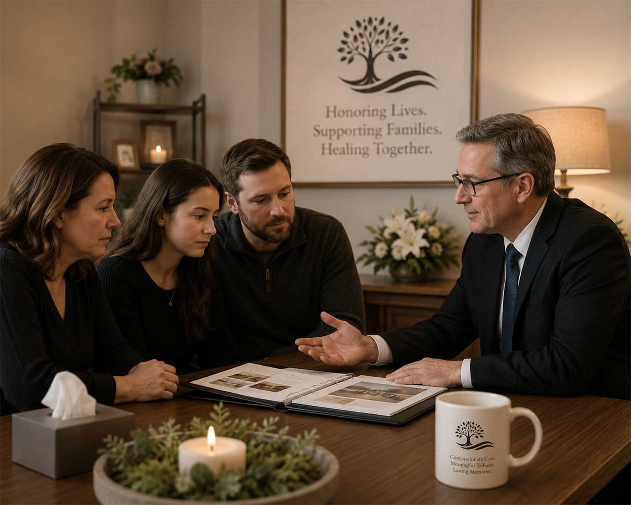A Compassionate Funeral Director Meeting with a Grieving Family in a Warm, Welcoming Setting
