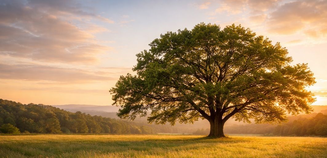 landscape scene showing a large lone oak tree standing in Saskatoon