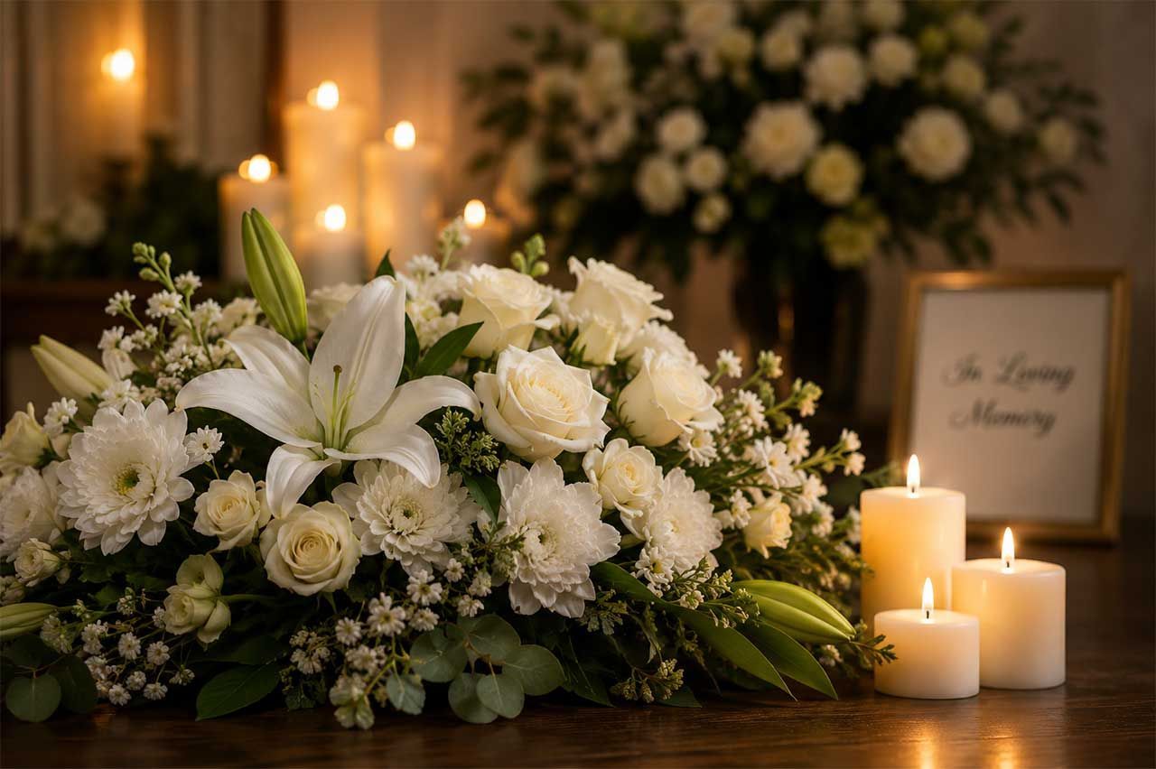 White Funeral Flower Arrangement With Candles And Memorial Display