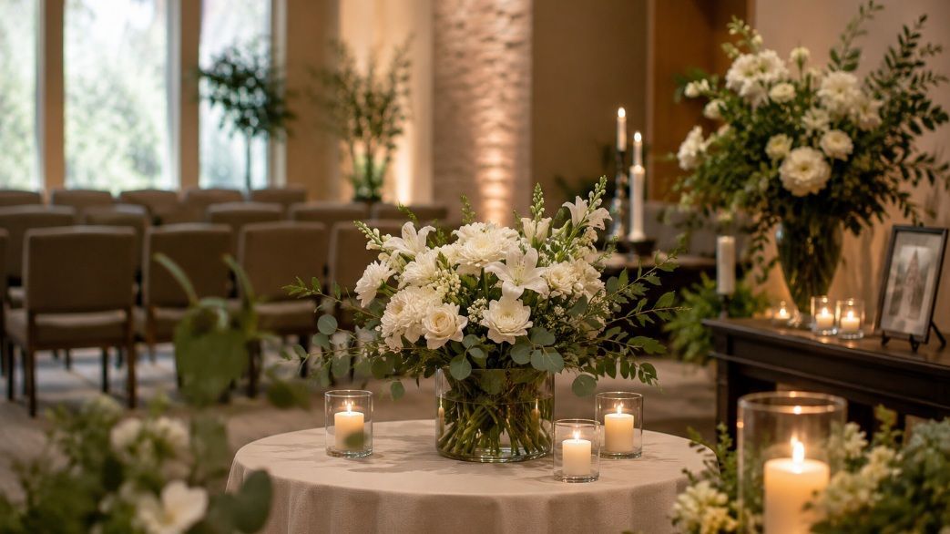 Peaceful memorial room with flowers and candles, reflecting cremation services Saskatoon, SK