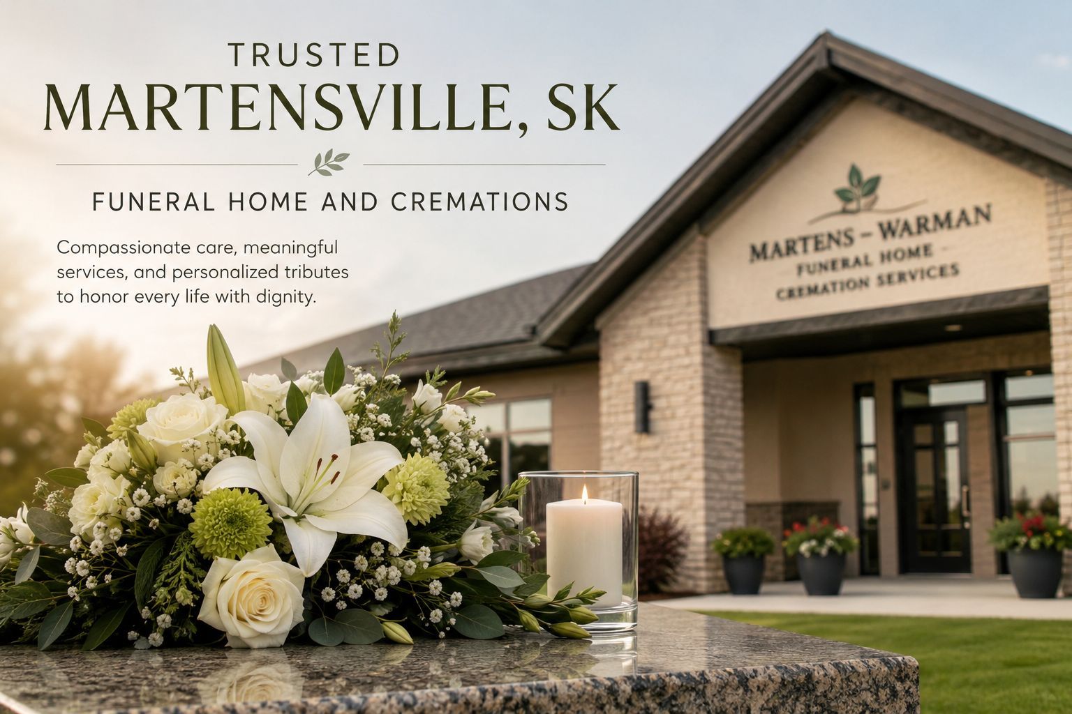 Trusted Martensville, SK funeral home and cremations with peaceful floral tribute, welcoming facility, and compassionate memorial services for local families.