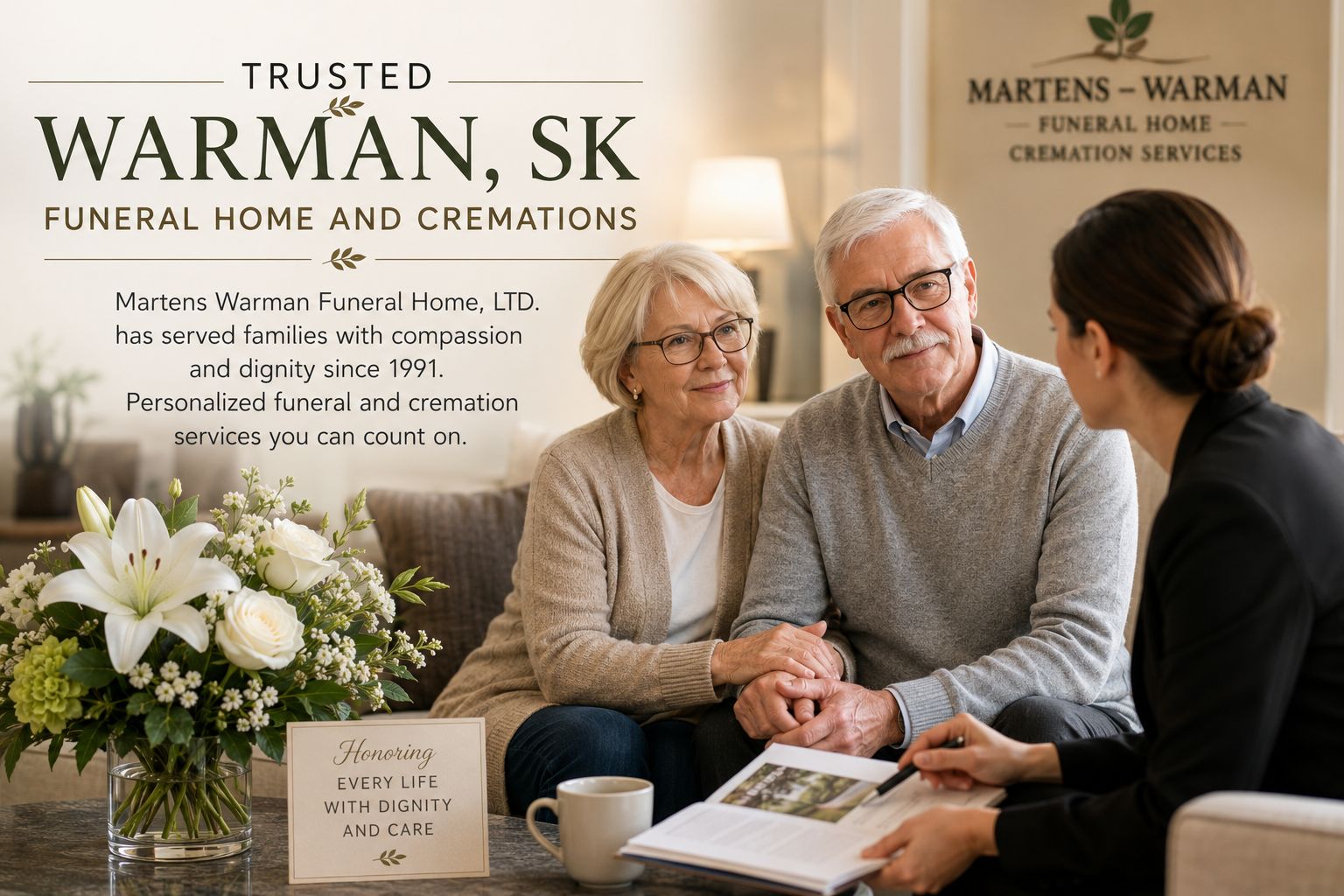 Trusted Warman, SK funeral home and cremations consultation with caring staff supporting a family, offering personalized memorial planning and compassionate guidance.