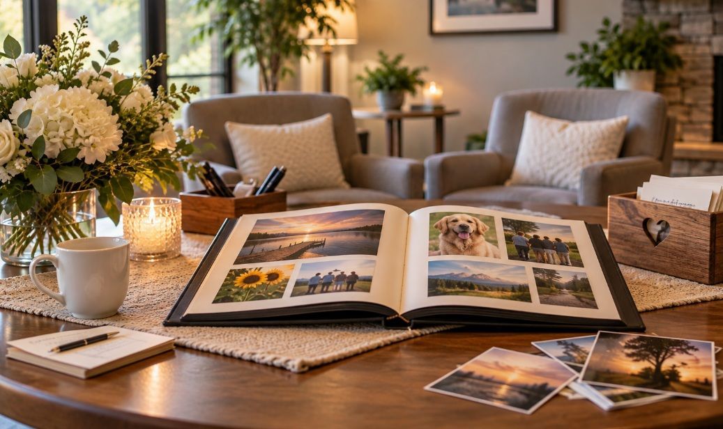 Warm family memory table illustrating how funeral homes Martensville, SK