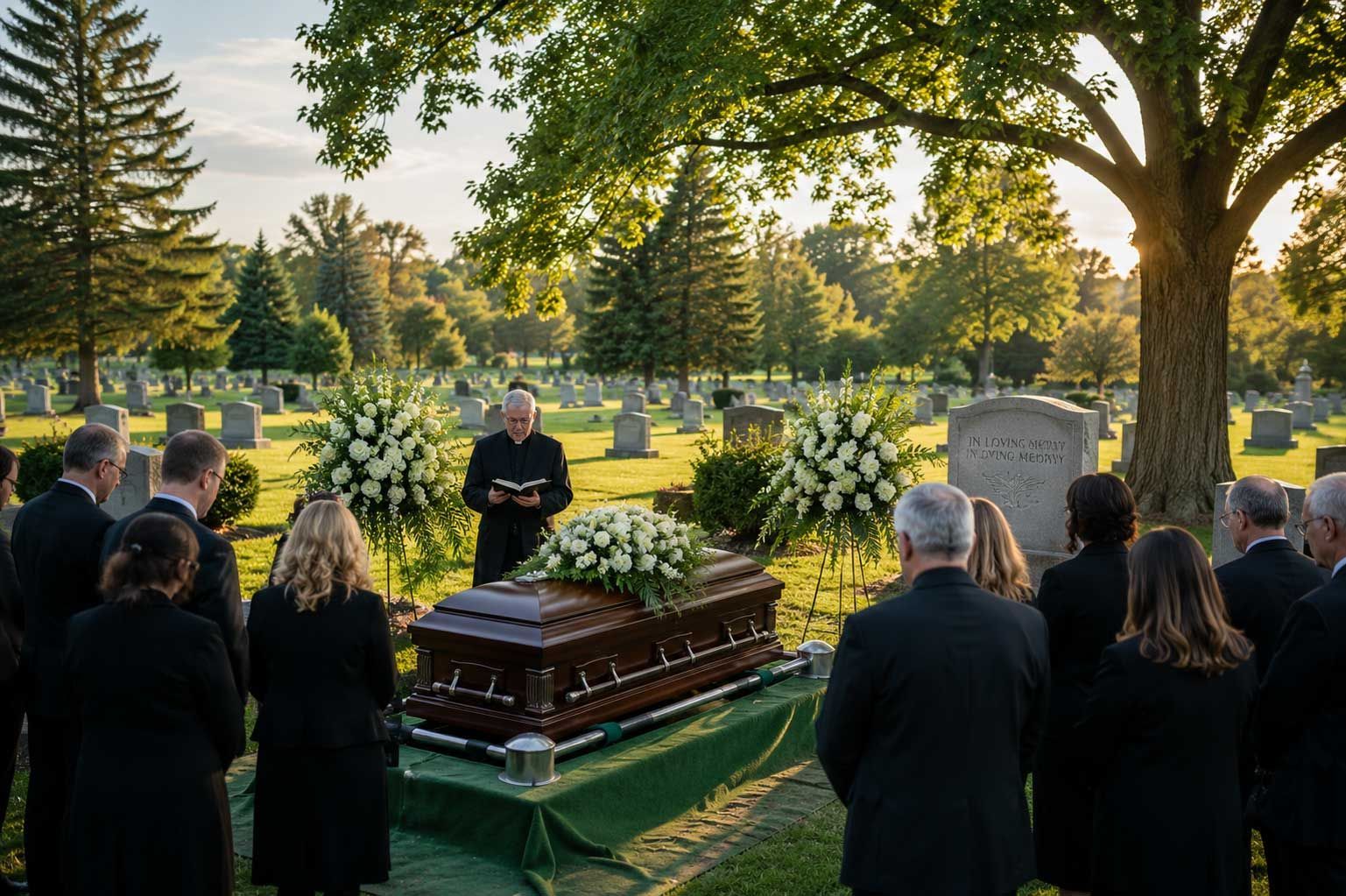 Burial Service In Beautiful Cemetery With Family Gathered Around Casket During Outdoor Funeral Ceremony