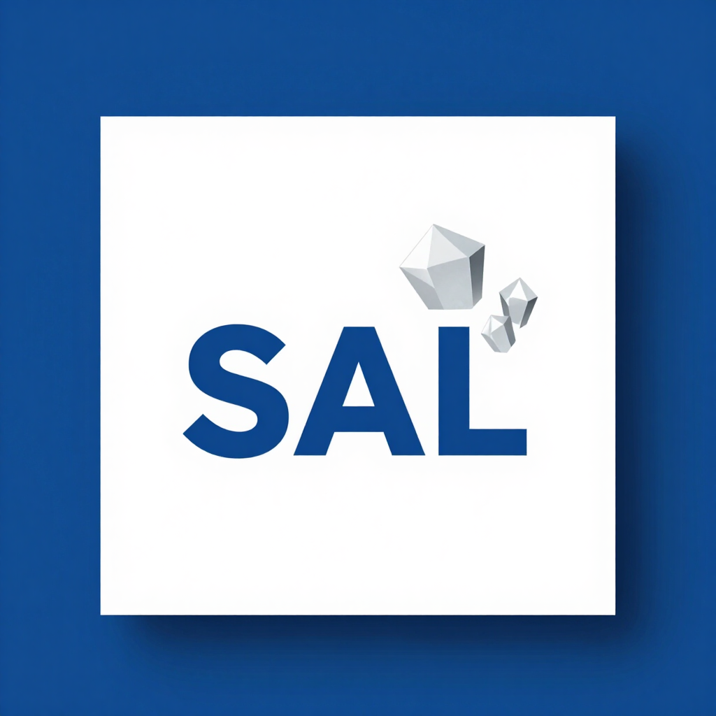 Logotipo azul de SAL sobre un cuadrado blanco con un icono geométrico gris encima de las letras.