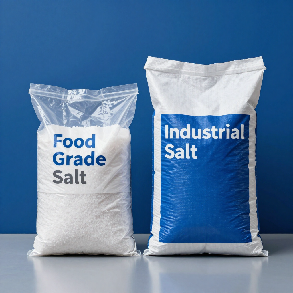 Dos bolsas de sal sobre un fondo azul, etiquetadas como 