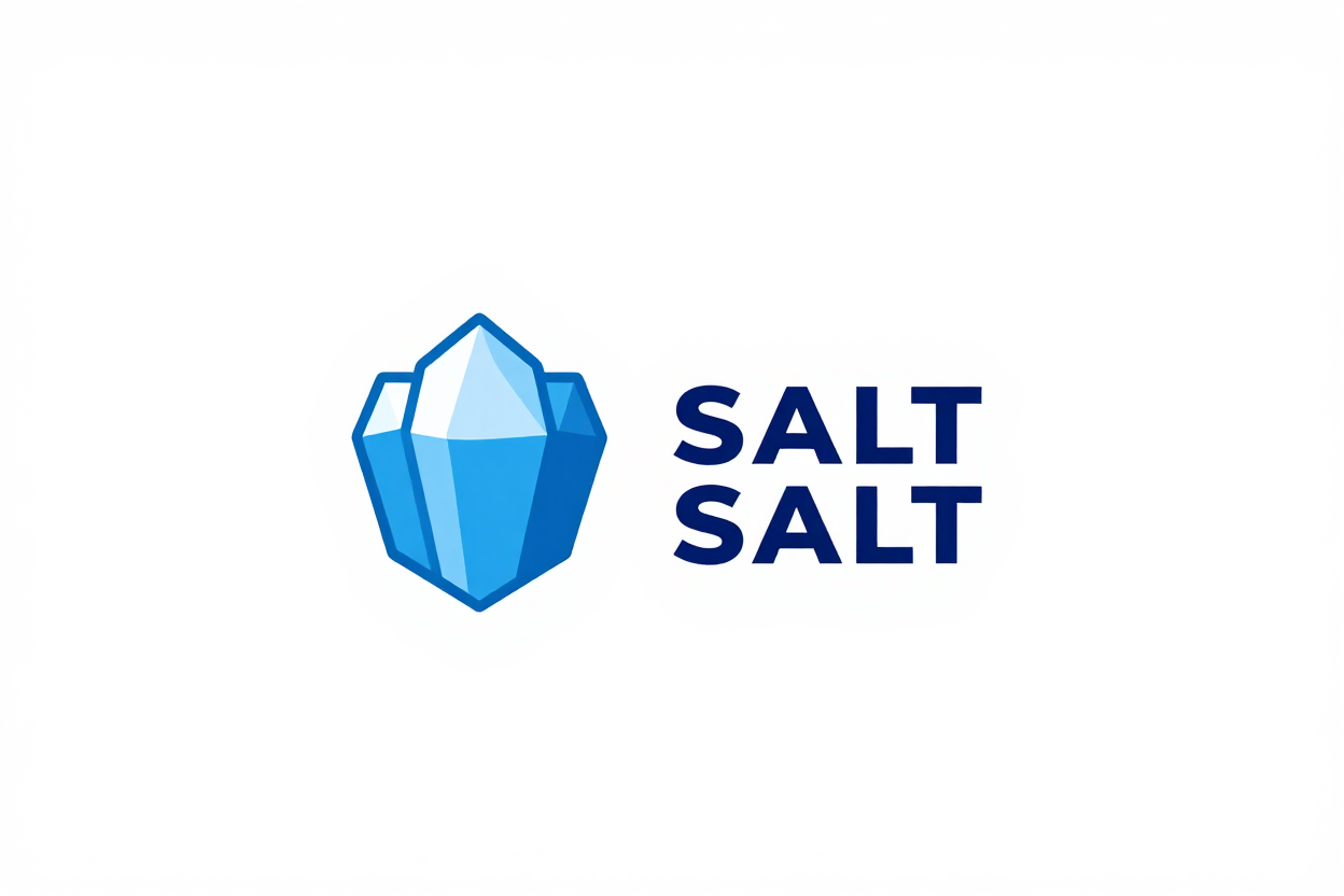 Logotipo de cristal azul con las palabras “SALT SALT” en texto azul oscuro.
