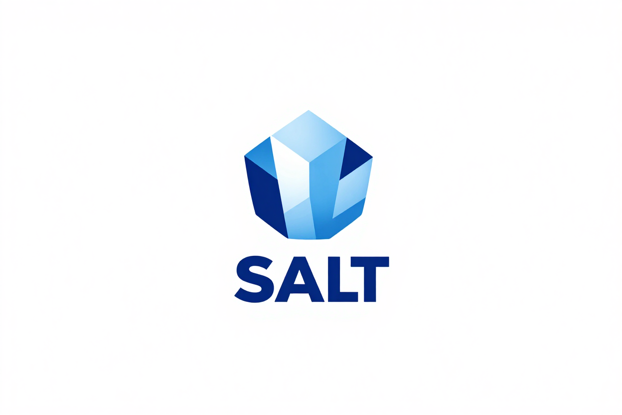 Logotipo geométrico azul de SALT sobre fondo blanco