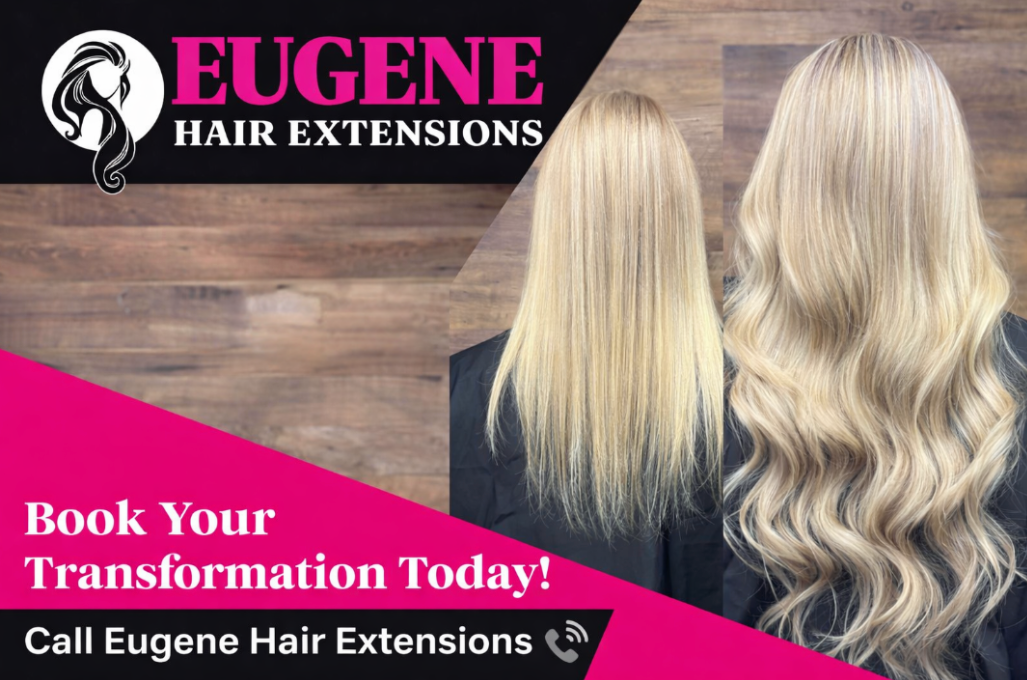 Before and after comparison of blonde hair with extensions, with brand name and call to action on a pink background.