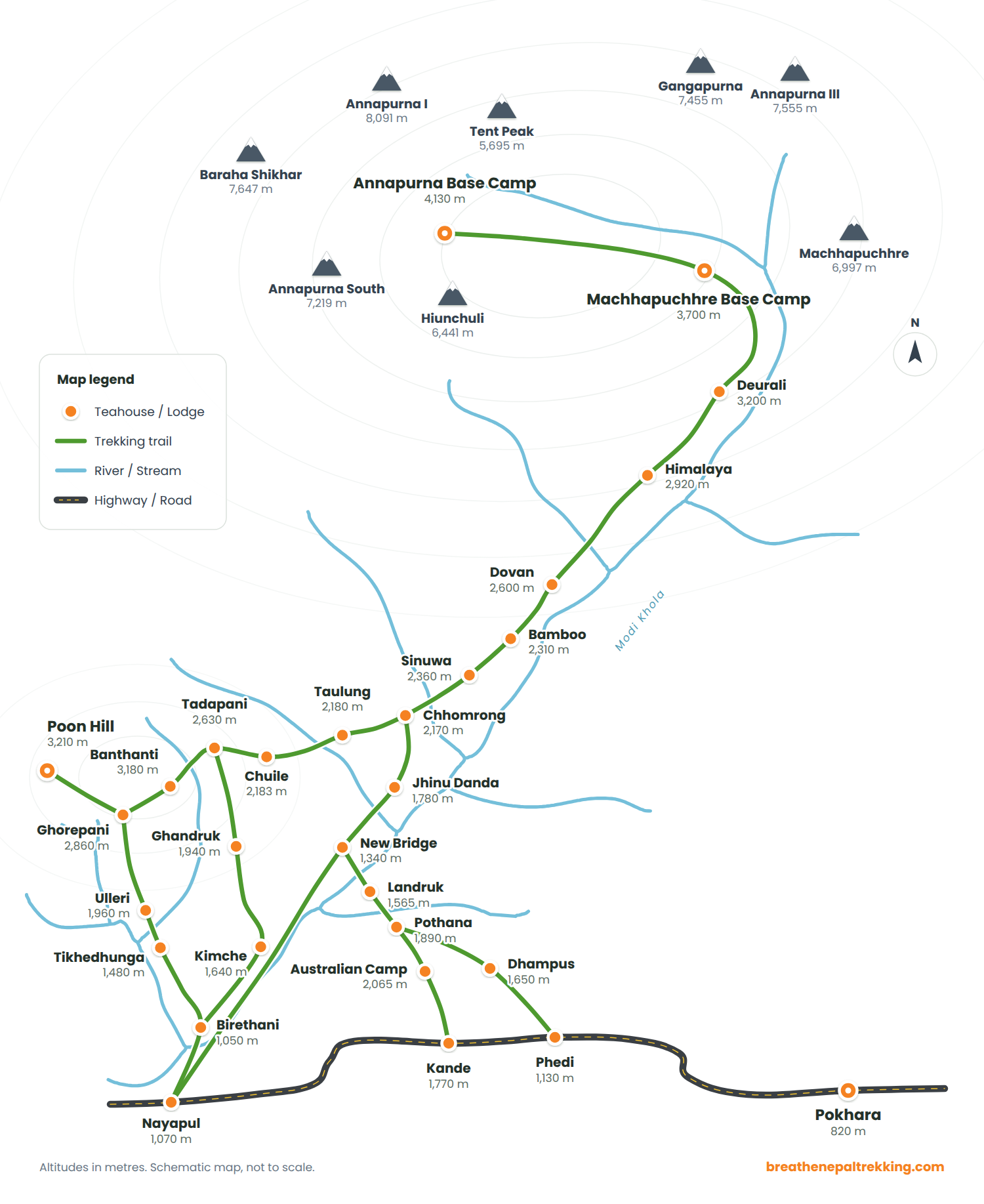 Map of the Annapurna Base Camp Trek in Nepal, highlighting key trails, landmarks, and elevations for trekkers.