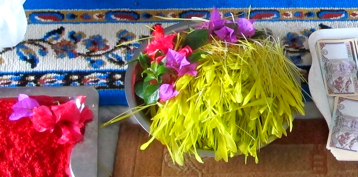 Yellow Jamara shoots and red tika prepared for Dashain blessings