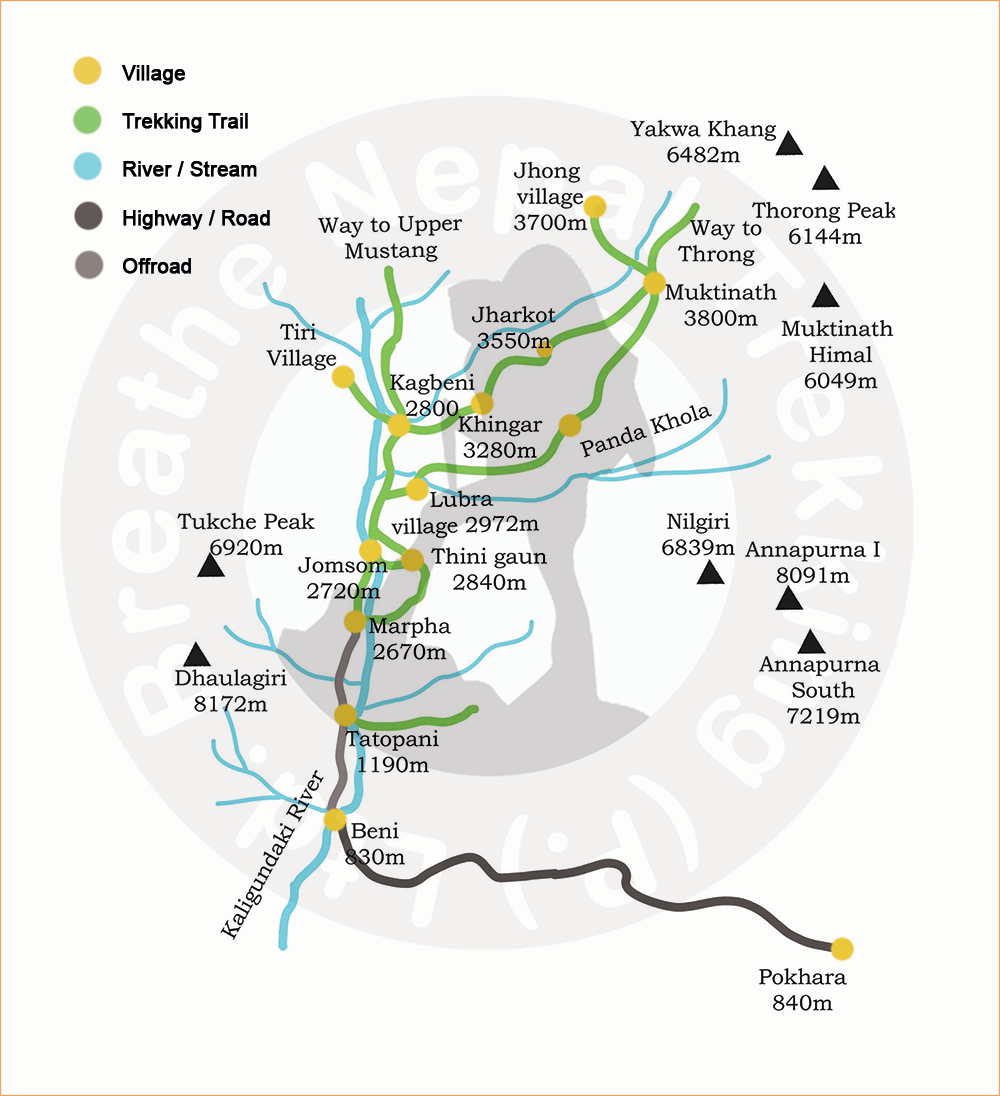 Map of the Lower Mustang Trek in Nepal, highlighting key trails, landmarks, and elevations for trekkers planning their trek.