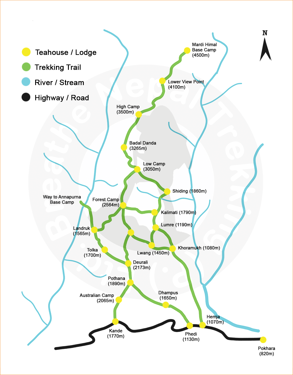 Map of the Mardi Himal Trek in Nepal, highlighting key trails, landmarks, and elevations for trekkers planning their journey.