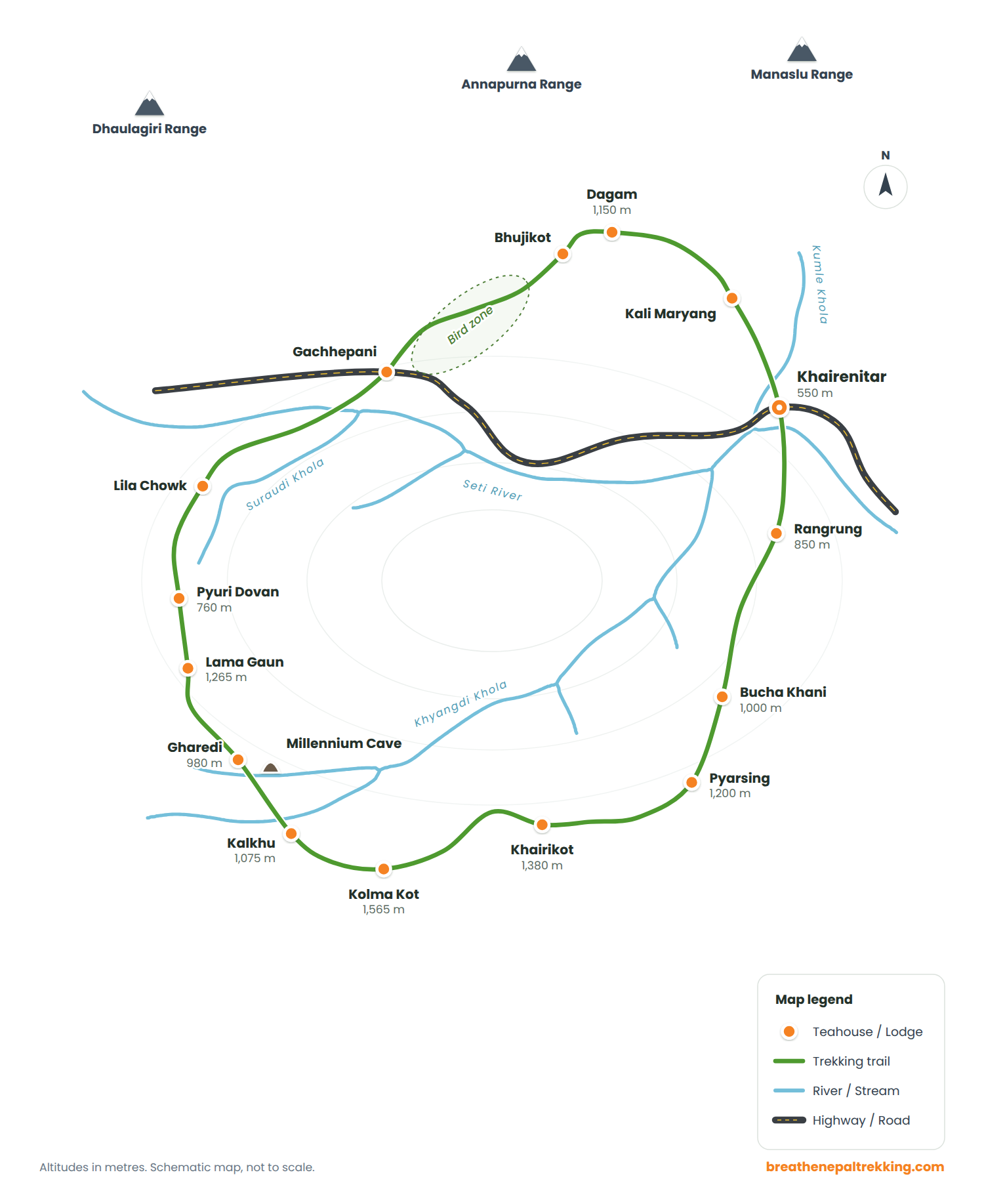 Map of the Millennium Trek in Nepal, highlighting key trails, landmarks, and elevations for trekkers.