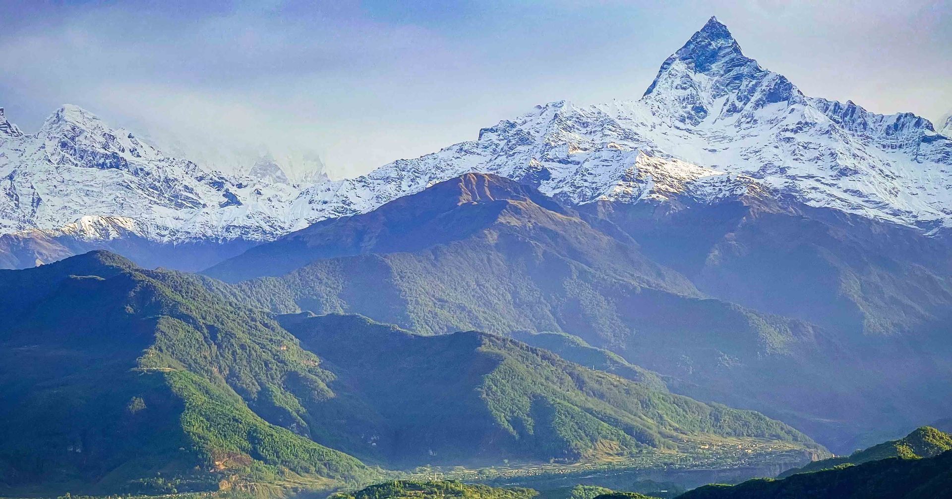 Stunning view of the Annapurna peaks from Sarangkot, a popular trekking viewpoint in Nepal.