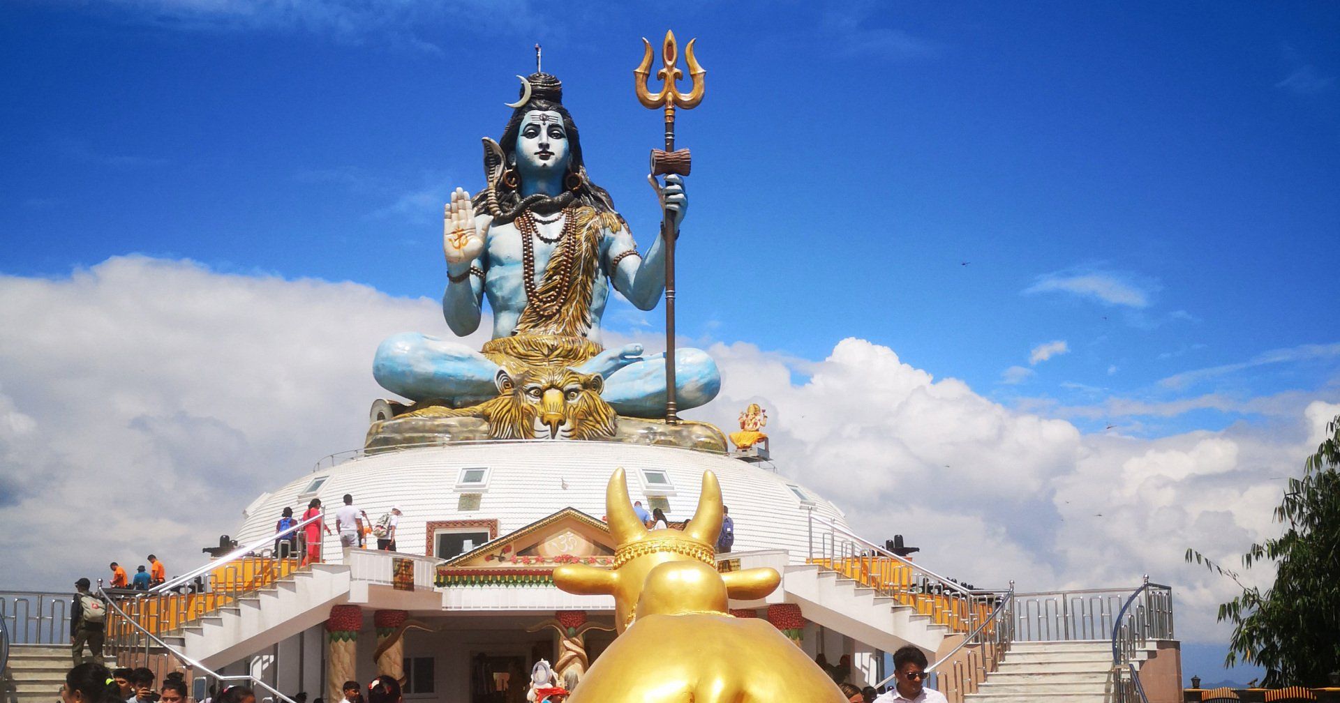 Stunning Shiva statue at a hilltop temple, a popular pilgrimage site on the outskirts of Pokhara in Nepal.