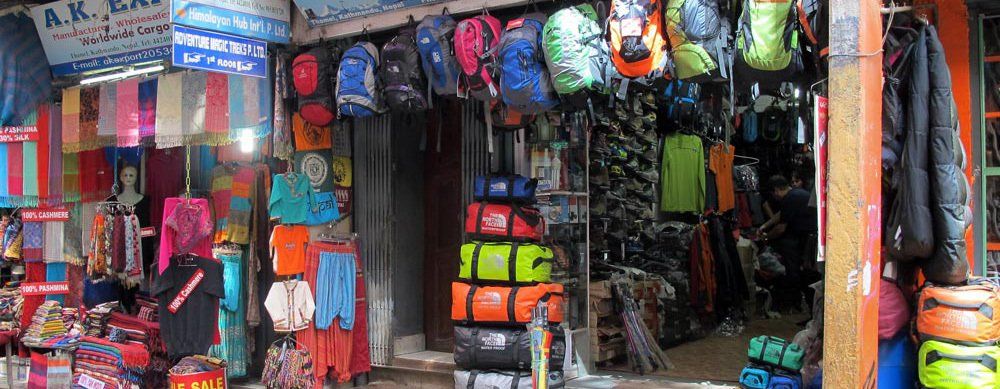 Outdoor equipment store in Nepal offering trekking gear, backpacks, and clothing for adventurers in Pokhara.