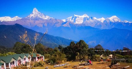 Lodges at Australian Camp with Machhapuchhre and the Annapurna range behind