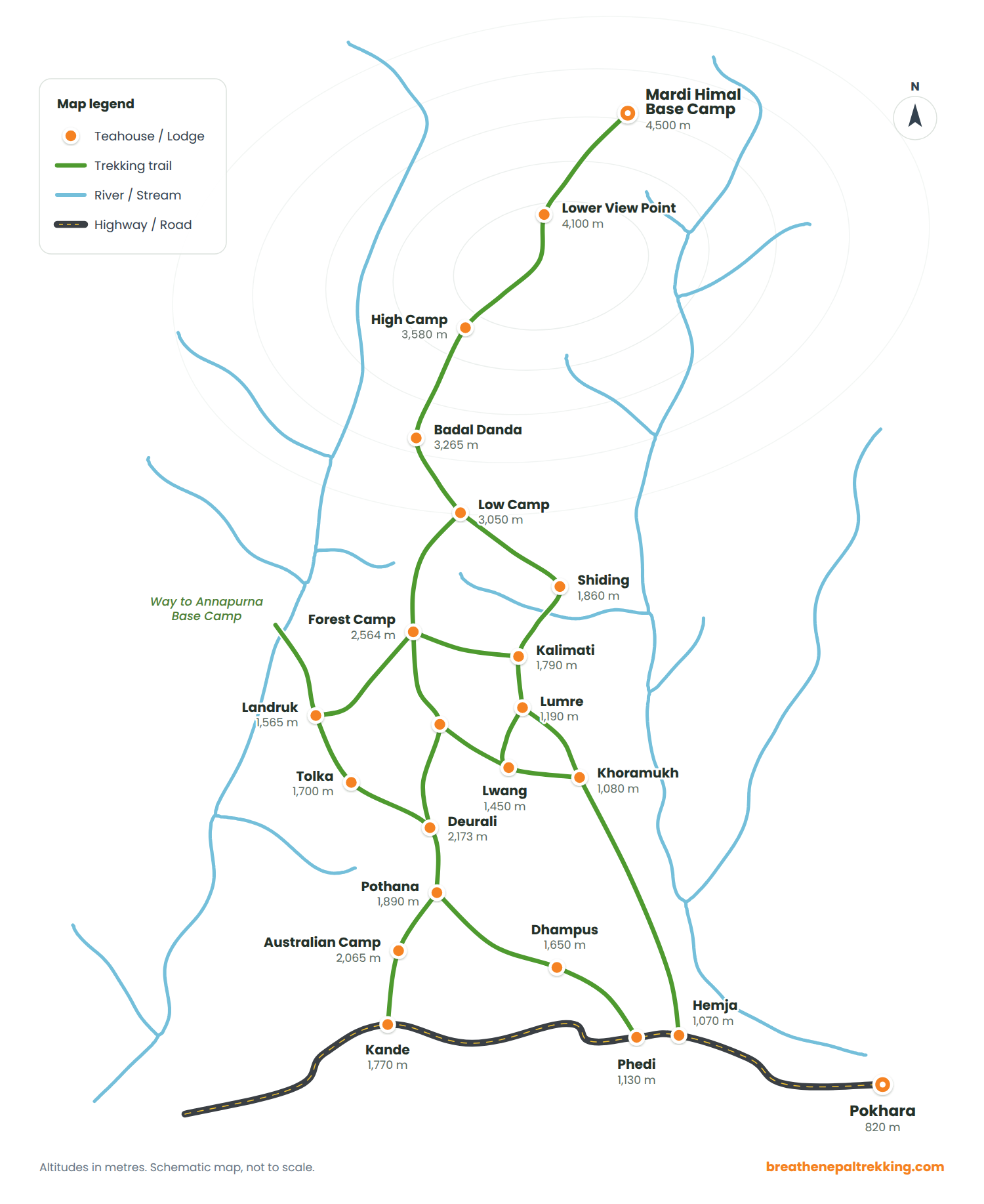 Map of the Mardi Himal Trek in Nepal, highlighting key trails, landmarks, and elevations for trekkers.