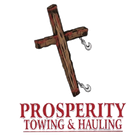 Logo for Prosperity Towing & Hauling with a wooden cross and tow hooks in red and black