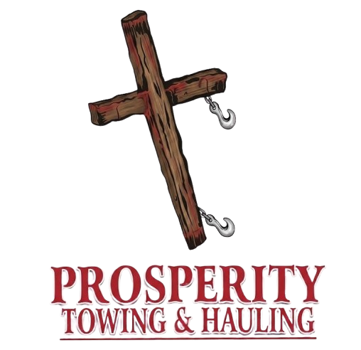 Logo for Prosperity Towing & Hauling with a wooden cross and tow hooks in red and black