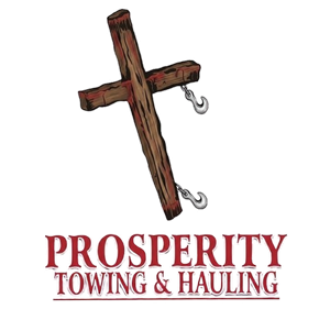 Logo for Prosperity Towing & Hauling with a wooden cross and tow hooks in red and black