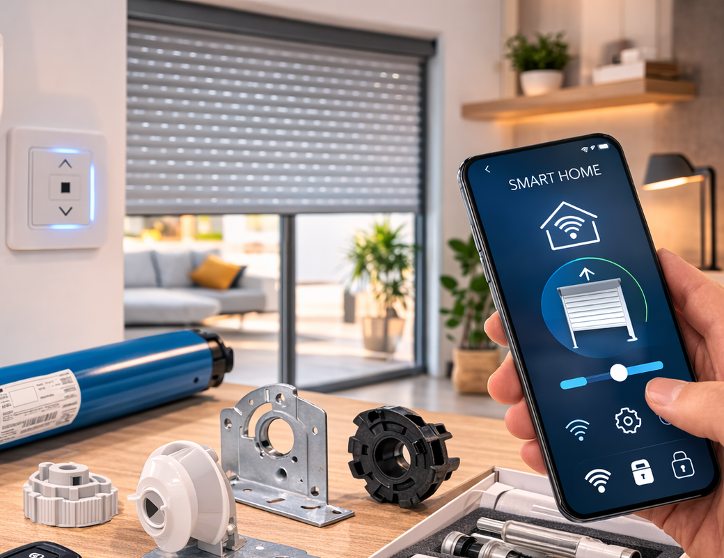 App per la casa intelligente sul telefono accanto a tende a rullo, persiane e componenti di ferramenta in un luminoso soggiorno