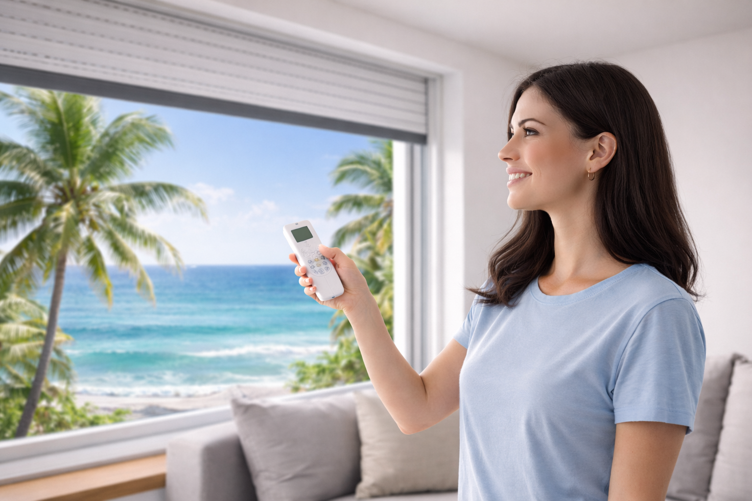 Una donna tiene in mano un telecomando in una stanza luminosa con vista su una spiaggia tropicale e palme.