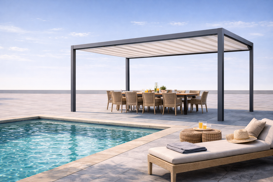Lussuoso patio a bordo piscina con tavolo da pranzo, pergola ombreggiata e lettini prendisole in riva al mare.