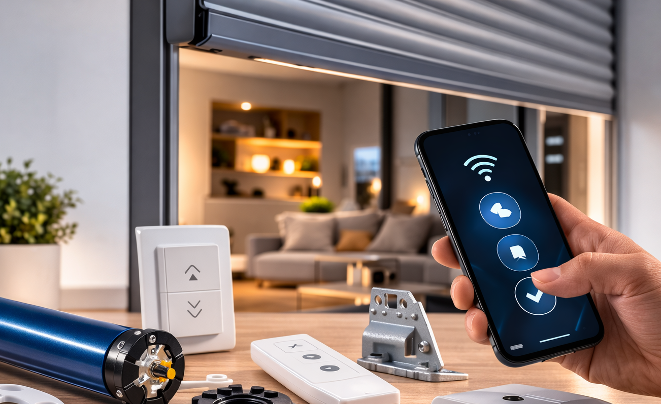 Una mano che impugna uno smartphone per controllare i dispositivi della casa intelligente in un soggiorno moderno.