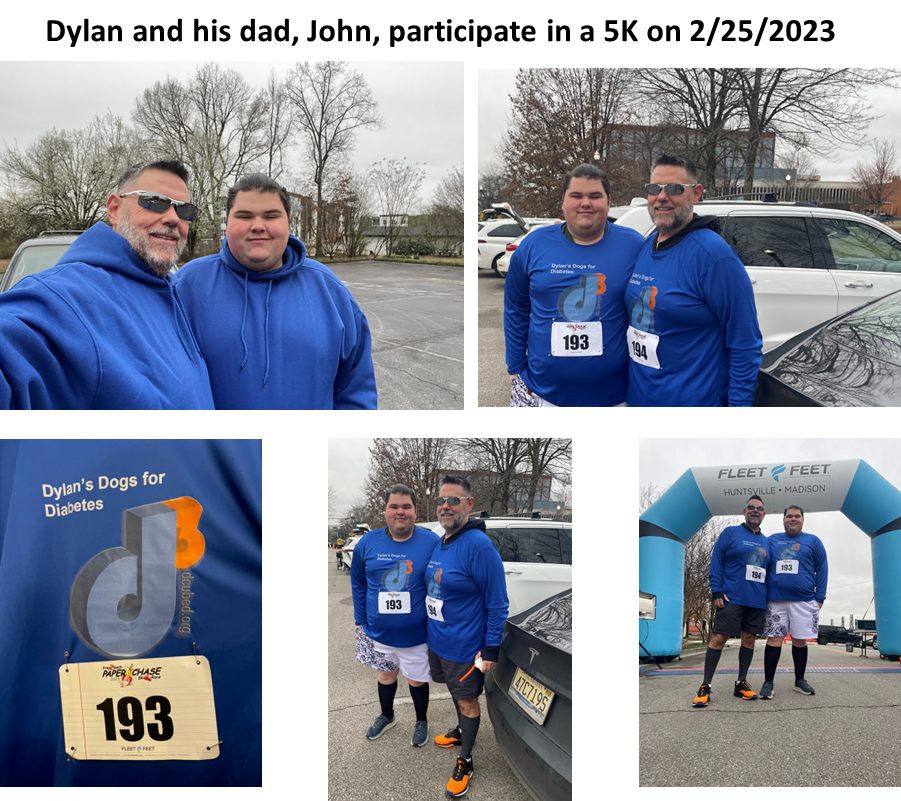 Dylan and his dad, John, wearing matching blue shirts and race bibs while participating in a 5K on February 25, 2023.